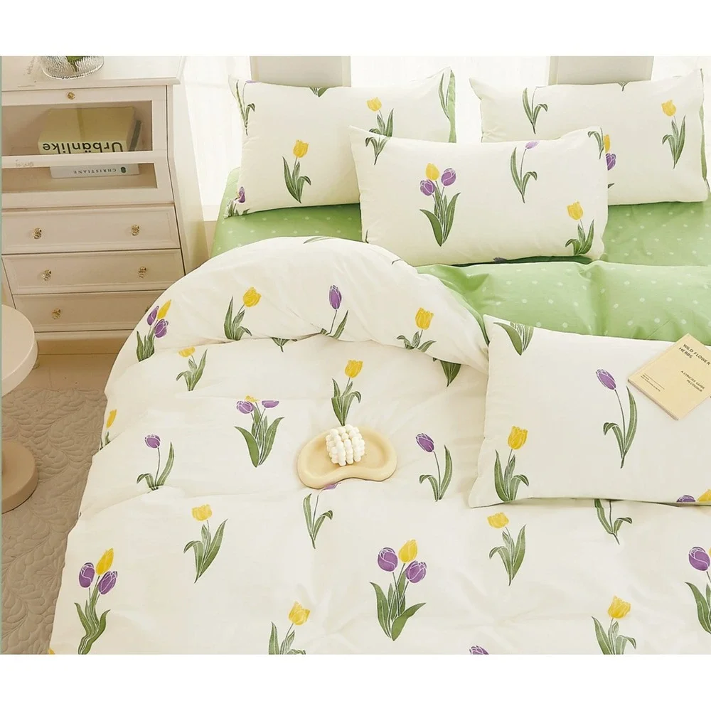 Amy Sweet Tulip‎ Floral 100% Cotton Reversible Duvet Cover Set Queen Cottagecore
